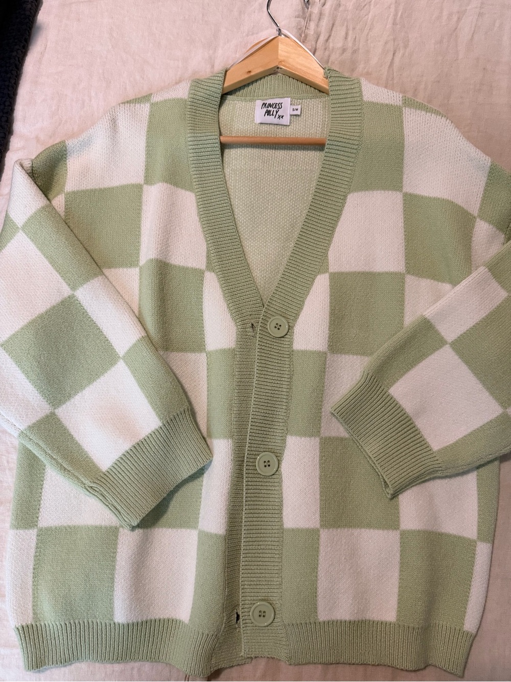 Princess Polly Green Checker Button-Up Cardigan Sweater